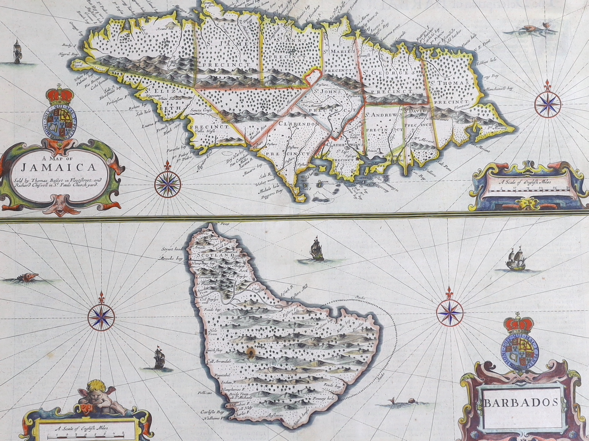 John Speed (1552-1629), Map of Jamaica and Barbados, hand coloured engraving, sold by Thomas Bassett and Richard Chiswell, 39 x 51cm